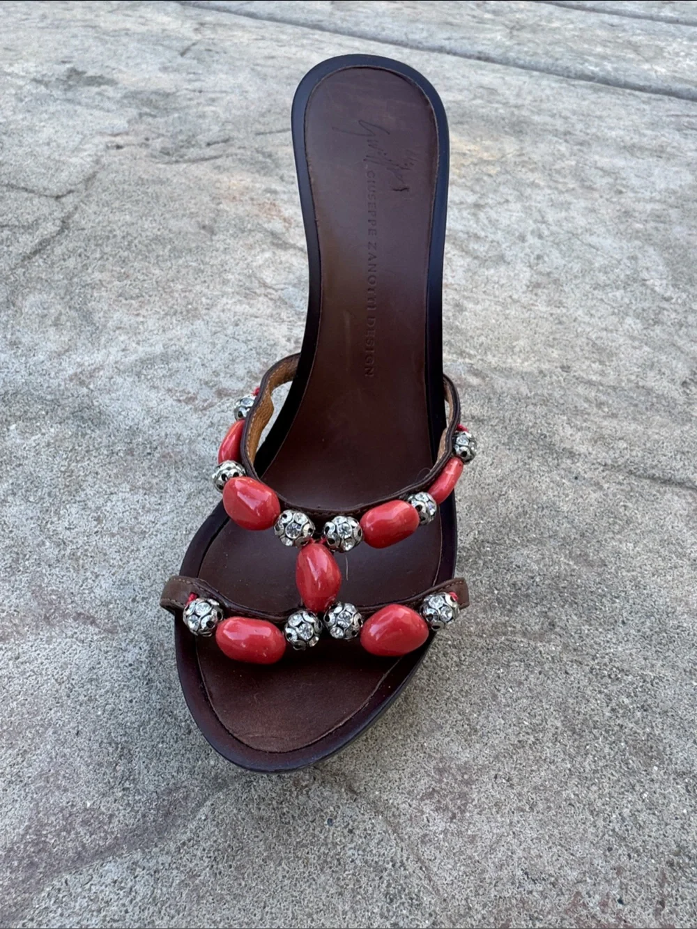 Giuseppe Zanotti Black Stiletto Sandal with Red Bead Embellishments